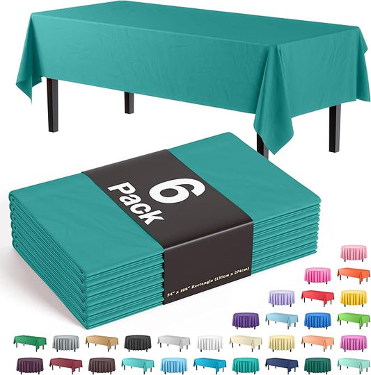 Party Solids 6-Pack Premium Plastic Tablecloth 54in. x 108in. Rectangle Plastic Table Cover - Teal