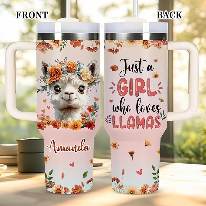 AGGLOMEKC Personalized Cute Llama Cup - Mother's Day Birthday Gift For Animal Lovers - Just A Girl Who Loves Llama Tumbler 40oz With Custom Name - Pet Lover Gifts For Women, Her