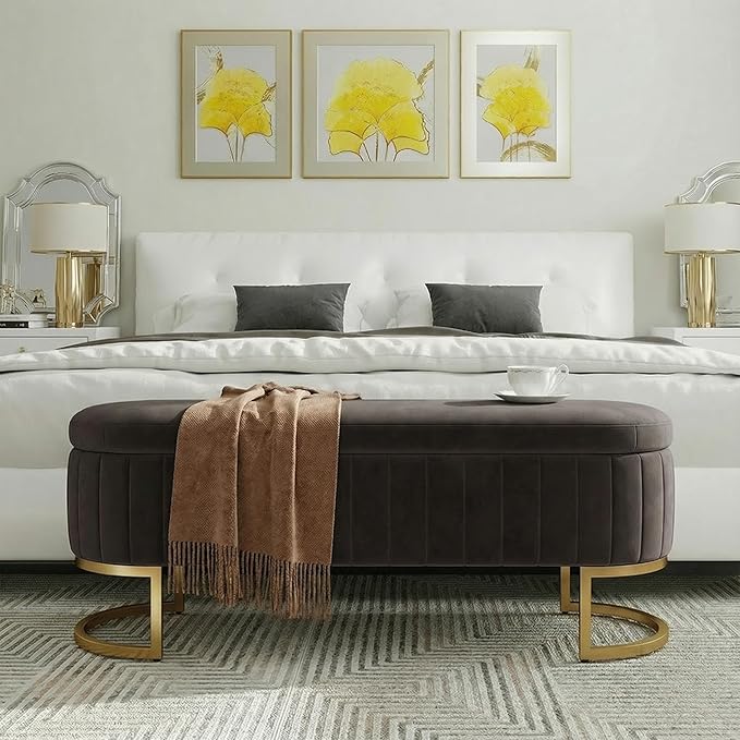 VIROL 65 Inch Storage Ottoman Bench Velvet End of Bed Storage Bench King Size Upholstered Tufted Bench Large Space for Bedroom Living Room Entryway Dark Grey