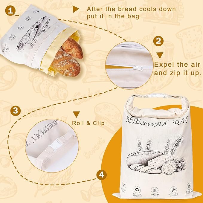 2-Pack Reusable Beeswax Bread Bags for Sourdough & Homemade Bread竊똂otton Waxed Bags Keeps Fresh Longer(Golden Wheat)