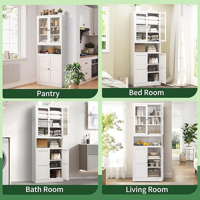 72" Tall Kitchen Pantry Cabinet,White Metal Pantry Cabinet with Countertop & 4 Adjustable Shelves,Utility Storage Cabinet Rust-Resistant for Living Room,Dining Room,Bathroom,Garage,Basement