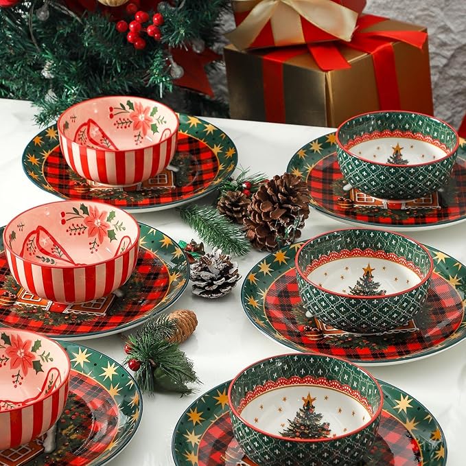 Ceramic Dinner Plates Set of 6,Stoneware 10 Inch,Microwave,Dishwasher and Oven Safe,Porcelain Dessert Plates for Pasta,Salad and Steak,Dishes Set for Kitchen,Scratch Resistant,Christmas