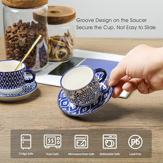 Selamica Ceramic Espresso Cups with Saucers and Metal Stand, 4 OZ Stackable Cappuccino Cups, Demitasse Cups for Latte Coffee Caf챕 Mocha Tea, Set of 4, Vintage Blue