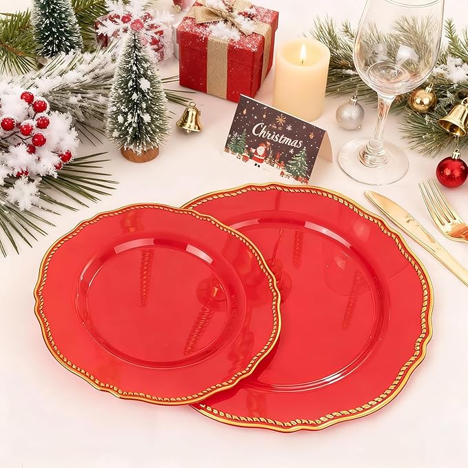Hioasis 60pcs Red Plastic Plates - Red and Gold Disposable Dinnerware with Gold Rim, Heavy-duty, 7.5 inch, Dessert Plates for Party & Christmas