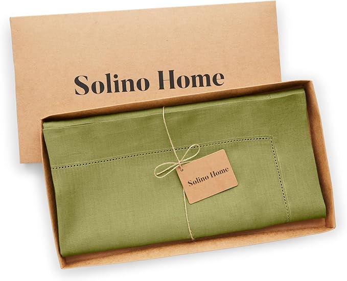 Solino Home Avocado Green Linen Tablecloth 52 x 52 Inch - 100% Pure Linen Square Table Throw - Classic Hemstitch, Machine Washable Table Cloth for Spring, Easter, St Patricks Day
