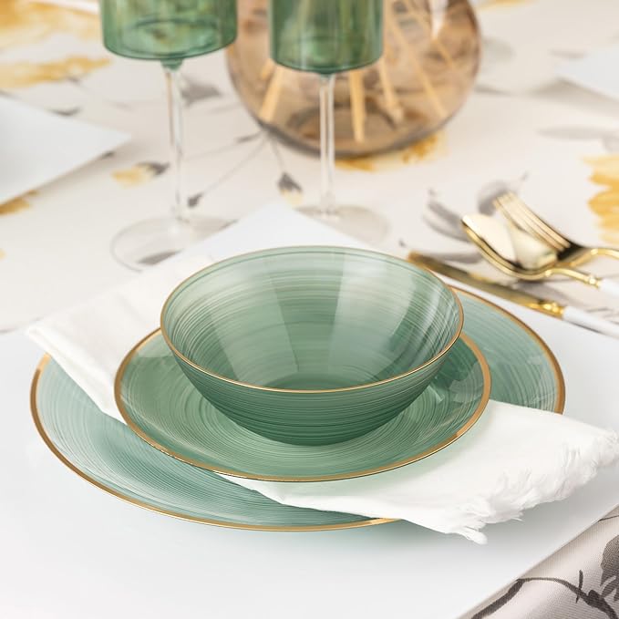 PLASTICPRO 32 Pieces Crystal Design Plastic Plates Combo Pack 7 inch and 10 inch Gold Rim Elegant Disposable Plates, Transparent Green