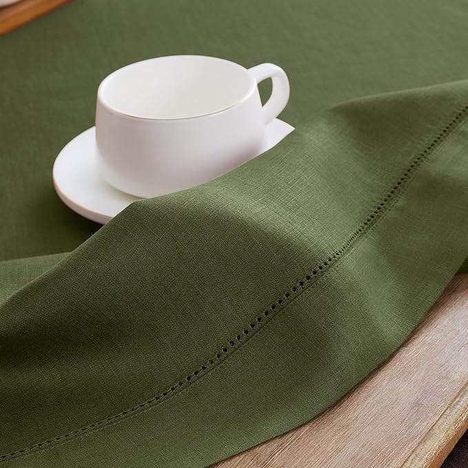 Solino Home Olive Linen Tablecloth 60 x 132 Inch - 100% Pure Linen Classic Hemstitch Table Cloth for Rectangle Tables - Machine Washable Tablecloth for Wedding, Parties, St Patricks Day