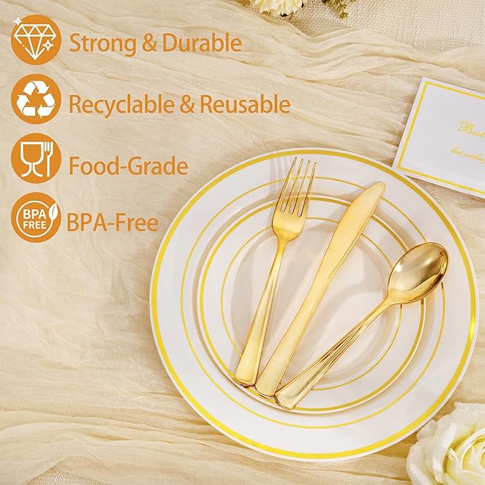 I00000 200 Pcs Gold and Ivory Plastic Plates, Ivory Disposable Party Plates Include 100 Dinner Plate 10?쇺?and 100 Plastic Dessert Plate 7?쇺?Perfect for Birthday, Party & Wedding