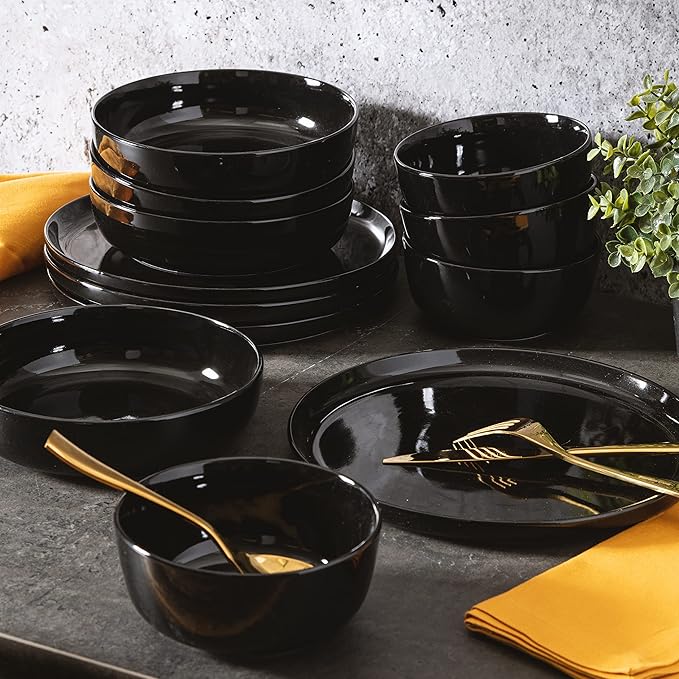 Gibson Home Oslo 12-Piece Porcelain Chip and Scratch Resistant Dinnerware Set, Service for 4 ??Black Plates and Bowls, Microwave & Dishwasher Safe