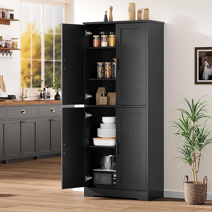 IDEALHOUSE Pantry Cabinet,70" Tall Kitchen Pantry Cabinet with 4 Doors and 3 Adjustable Shelves, Freestanding Cupboard, Modern Storage Cabinet for Bathroom, Dining Room, Living Room, Black