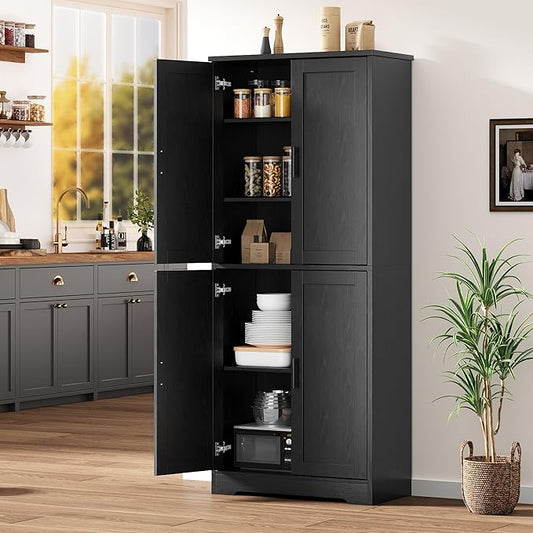 IDEALHOUSE Pantry Cabinet,70" Tall Kitchen Pantry Cabinet with 4 Doors and 3 Adjustable Shelves, Freestanding Cupboard, Modern Storage Cabinet for Bathroom, Dining Room, Living Room, Black