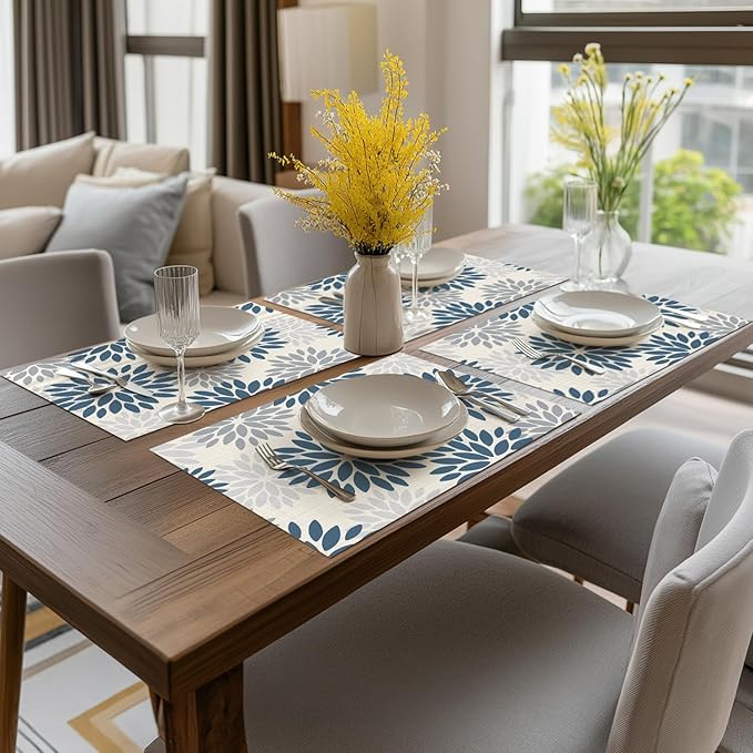 Artoid Mode Floral Vinyl Plistic Placemats Set of 6, Washable Heat Resistant Non-Slip Woven Plastic PVC Place Mats for Farmhouse Holiday Party Kitchen Dining Decor