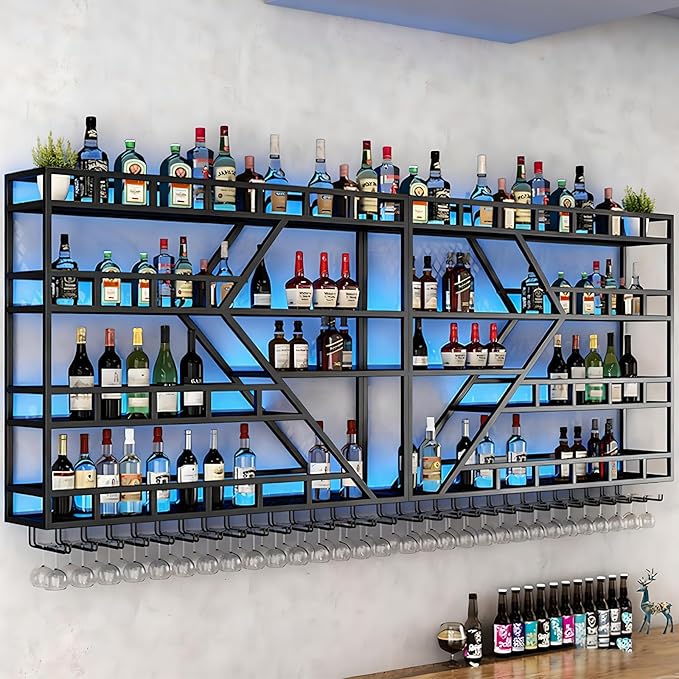 79in Metal Wine Rack Wall Mounted, Modern Wine Storage Rack Wall Mounted with Wine Glass Holder, Liquor Shelf, Bar Shelves for Liquor Bottles (4 Tiers Black, 79 * 7.87 * 48.5INCH)