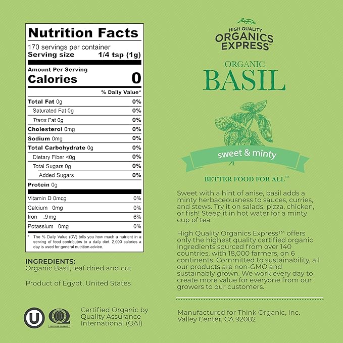 HQOExpress Organic Basil Medium Cut ??Non GMO, Kosher, USDA Certified Organic Basil Leaves, Dried and Ground ??Peppery and Aromatic Seasoning for Soups, Sauces, Dressings and Salads, 6 oz. Chef Jar