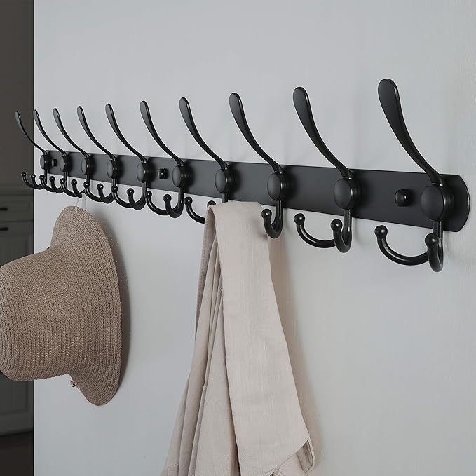Dseap Coat Rack Wall Mount - 38??Long 10-Tri-Hooks Heavy Duty Coat Hanger Rail Wall Hooks for Hanging Coats Hats Clothing Clothes Purse Mudroom Entryway, Black, Pack of 2
