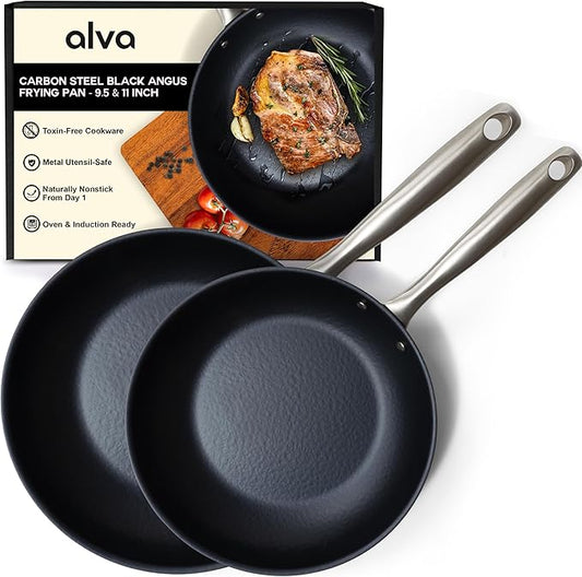 Alva Black Angus 9.5 & 11??Carbon Steel Frying Pan Set ??Naturally Nonstick, PFAS-Free & Toxin-Free, Oven & Induction Safe, Chef-Grade Heat Control, Built to Last a Lifetime, Designed in Belgium