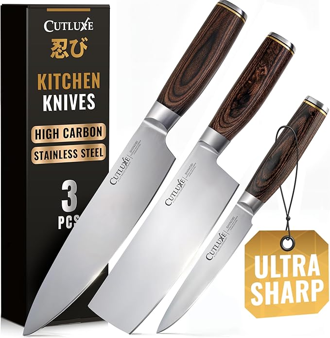 Cutluxe 3-Piece Chef Knife Set ??Ultra Sharp Japanese Kitchen Knives, High Carbon Stainless Steel Blades, Full Tang Pakkawood Handles ??Shinobi Series