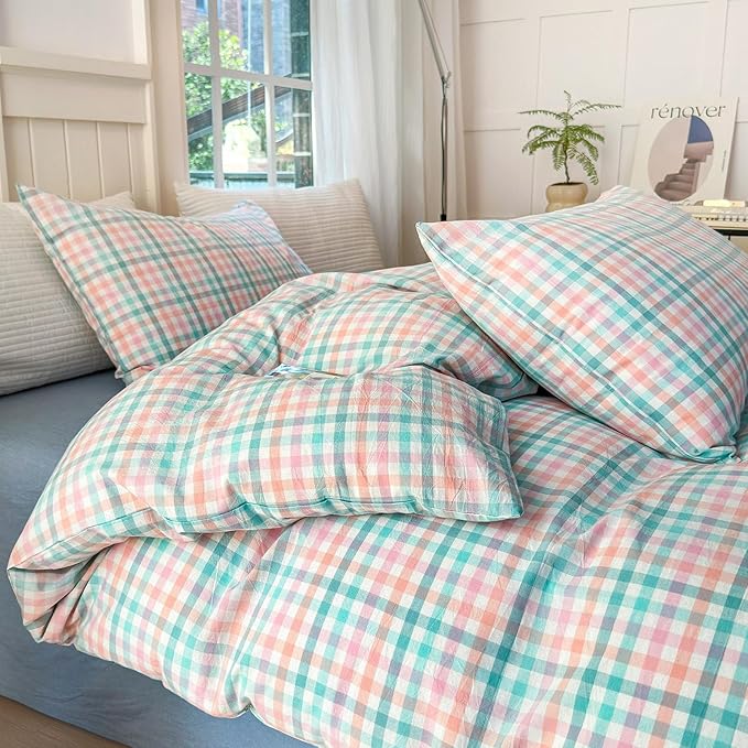 LifeTB Gingham Comforter Set King 3 Pieces Multi-Colored Grid Comforter Lightweight Checkered Plaid Comforter Set with 2 Pillowcases Fluffy Soft Grid Printed Pattern Farmhouse Gingham Bedding Set