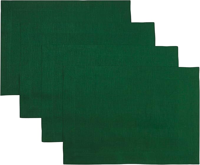 D'Moksha Homes Linen Forest Green Placemats Set of 4-100% Pure Linen Placemats 14 x 19 Inch for St Patricks Day, Easter - Handcrafted and Machine Washable