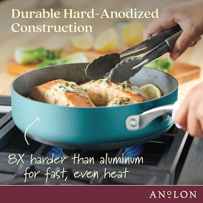 Anolon Achieve Hard Anodized Nonstick Saut챕 Pan with Lid, 3 Quart - Teal