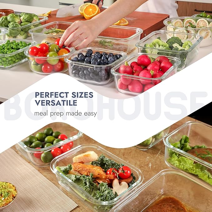 10-Pack Glass Food Storage Containers with Tempered Lids ??Borosilicate, Airtight, Oven-Safe (-4째F~950째F), BPA-Free, 4.4 & 1.6 Cup, Leak-Proof, Dishwasher Safe (Blue)