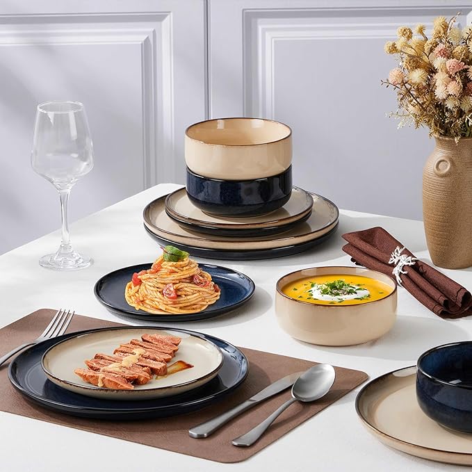 Herogo 12 Pieces Stoneware Dinnerware Dishes Sets for 4, Kitchen Dining Plates and Bowls Sets, Double Reactive Glaze, Microwave & Dishwasher Safe, Scratch Resistant, Starry Blue & Cream Khaki
