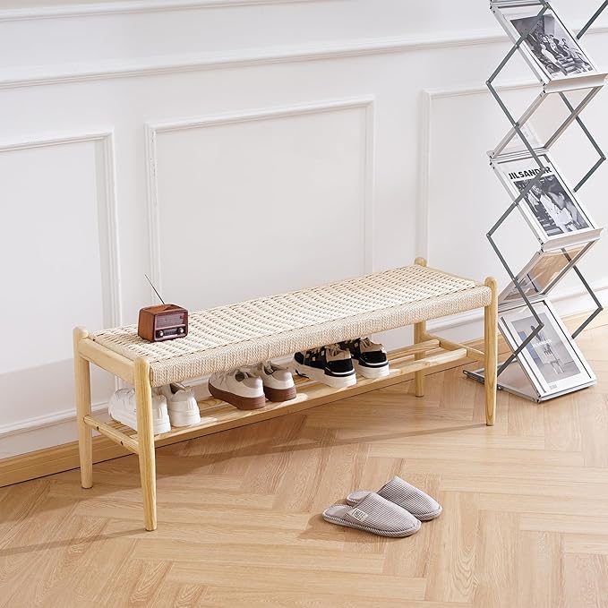 XINNAN Solid Wood Entryway Bench with Shoe Storage, Rustic Oak and Woven Design 45 Inch Long Seating for Living and Dining Rooms, Natural