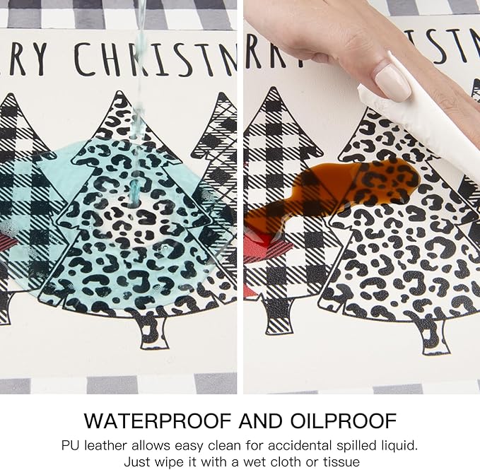 QIYI Christmas Placemats Set of 6, 12x18 Inch PU Leather Place Mats for Kitchen Dinning, Heat Resistant Anti Slip Buffalo Plaid Table Mats, Waterproof Washable Placemat Party Table D챕cor, Xmas Trees