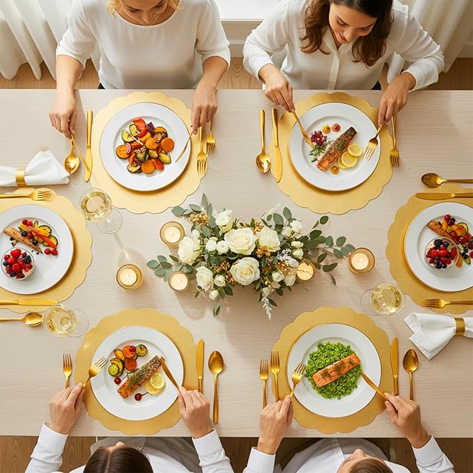 100 PCS Scalloped Gold Placemats, 13.5" Disposable Paper for Dining Table, Mirrored Gold Chargers Place Mats for Birthday Banquet, Party, Holiday, Wedding, Christmas