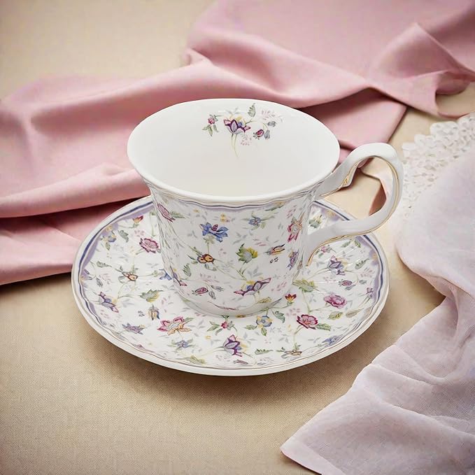 GOMMO Vintage Style Floral Tea Cup and Saucer Set for 1, English Elegant Fine China Tea Cup, 7 oz Cappuccino Espresso Latte Mug (1, Vintage Floral)