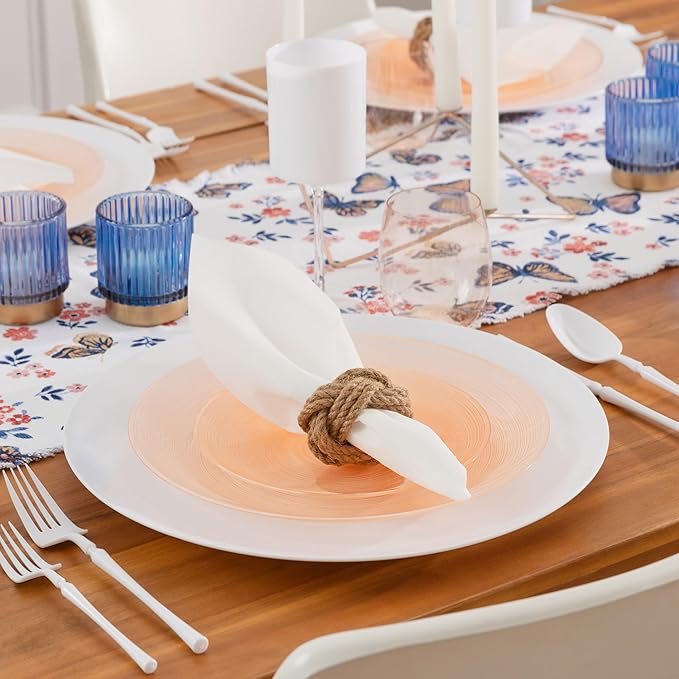 PLASTICPRO 64 Pieces Crystal Design Plastic Plates Combo Pack 7 inch and 10 inch Gold Rim Elegant Disposable Plates, Transparent Peach