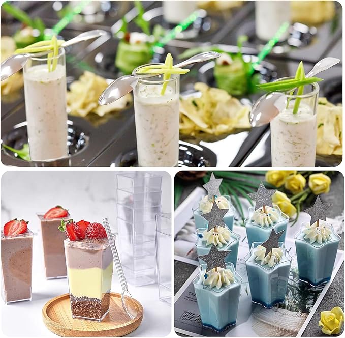 ALEXPRE 240 Packs 2/3 oz Mini Dessert Cups with Spoons, Square/Round/Five-pointed Star Clear Dessert Parfait Cups, Mini Plastic Dessert Cups Small Reusable Fruit Ice Cream Pudding Appetizer Cup Bowls