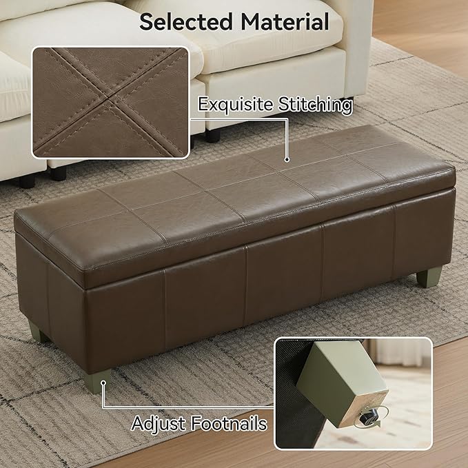 WUTUTUEE 51" Faux Leather Storage Ottoman, Stitch Tufted Rectangle Upholstered End of Bed Storage Bench, Entryway Large Couch Ottoman with Wooden Legs, Coffee