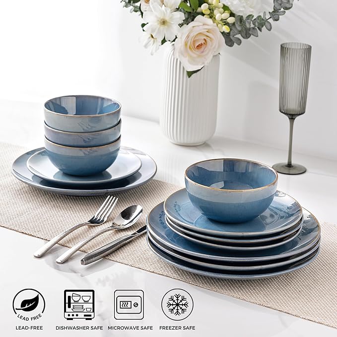 GBHOME Ceramic Dinnerware Sets for 4, 12 Pieces Stoneware Plates and Bowls Sets, Reactive Glaze Dishes -Scratch Resistant, Dishwasher&Microwave Safe-Alaskan Blue