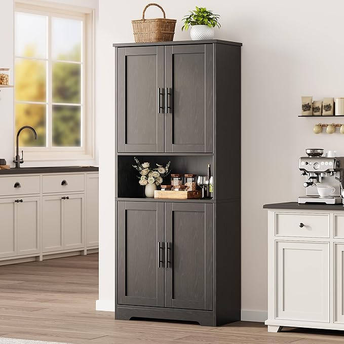 IDEALHOUSE Kitchen Pantry Cabinet, 70in Tall Storage Cabinet with Doors and Adjustable Shelves, Freestanding Cupboard for Living Room, Dining Room, Bathroom (Black)
