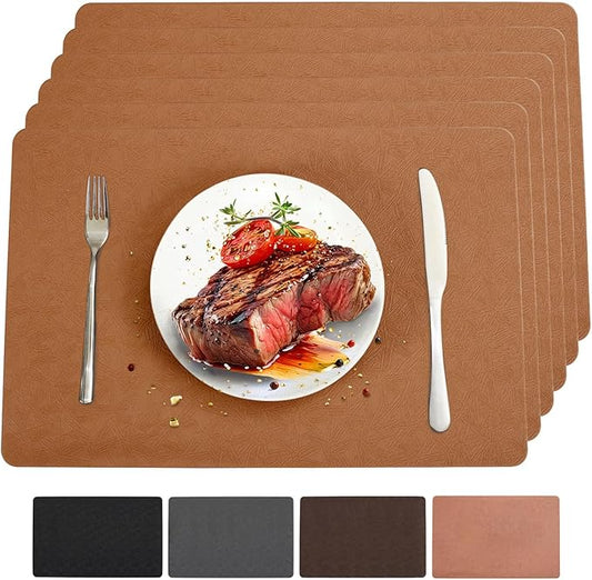 Bxzandya Vinyl Placemats Set of 6 Heat Resistant Easy Clean Non-Slip Place Mats for Dining Table Faux Leather Waterproof Stain Resistant Wipeable Washable PVC Table Mats(6, Light Brown)