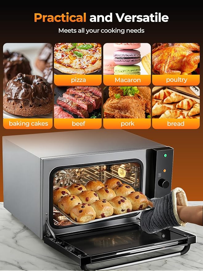 Commercial Convection Oven FOHERE, 50 Qt Large Capacity Electric Convection Oven with 2 Baking Trays for Restaurants, Cafes & Food Industry, 2400W High Power,120-Min Timer & 122-572??Temp Control