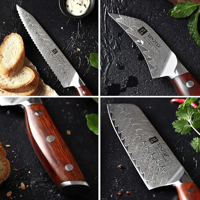 XINZUO 5 Pcs Knife Set, Professional Super Damscus Steel Kitchen Knife Set, Ultra Sharp Blade, Natural Rose Handle, Chef Gift Box-Yi Series
