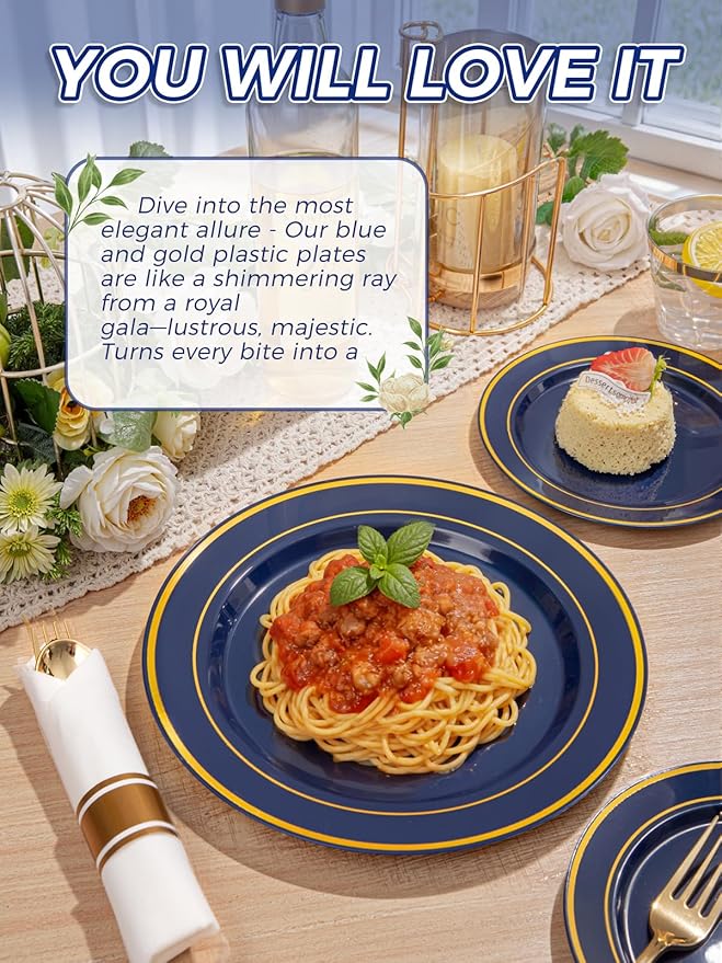 350PCS Navy Blue and Gold Plastic Plates with Rolled Napkins Include Dinner Plate 10?쇺? Dessert Plate 7?쇺? gold Cups 9 OZ, Pre Rolled Napkins 25 of each type for Party/Birthday/Wedding