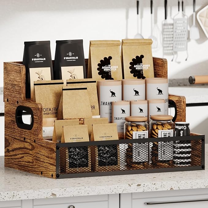 3-Tier Liquor Bottle Display Shelf, Countertop Liquor Wine Rack with Handle, Bar Bottle Display Shelves, Coffee Syrup Rack Organizer, Brown Liquor Display, Home Retro Bar Shelf Stand (Patent Pending)