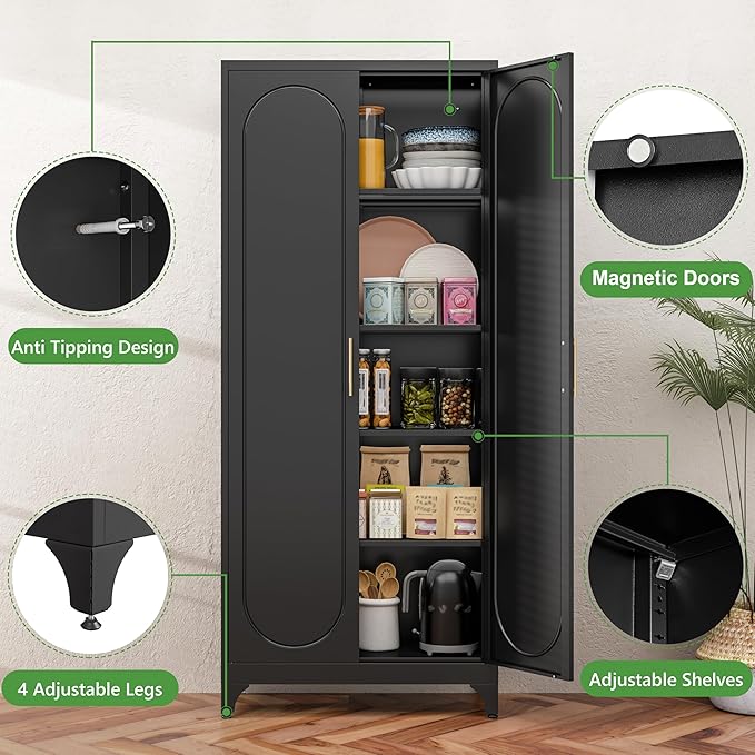 75??Tall Kitchen Pantry Cabinet,Metal Kitchen Storage Cabinet with Doors and Adjustable Shelves,Modern Hutch Cabinets,Freestanding Cupboard for Dining Room