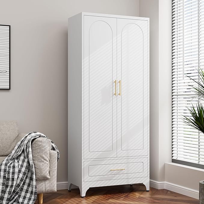 75??Kitchen Pantry Storage Cabinet,Metal Tall Storage Cabinet with Drawers and Adjustable Shelves,Modern Kitchen Hutch Cabinet,Freestanding Cupboard for Dining Room