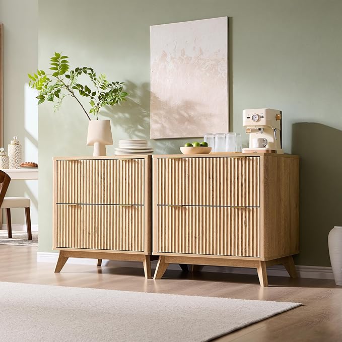 T4TREAM Set of 3 Modern Fluted Sideboard Buffet Cabinet with Drawers Storage, 90" Modular Accent Cabinet for Credenza, Entryway & Hallway, Natural Oak