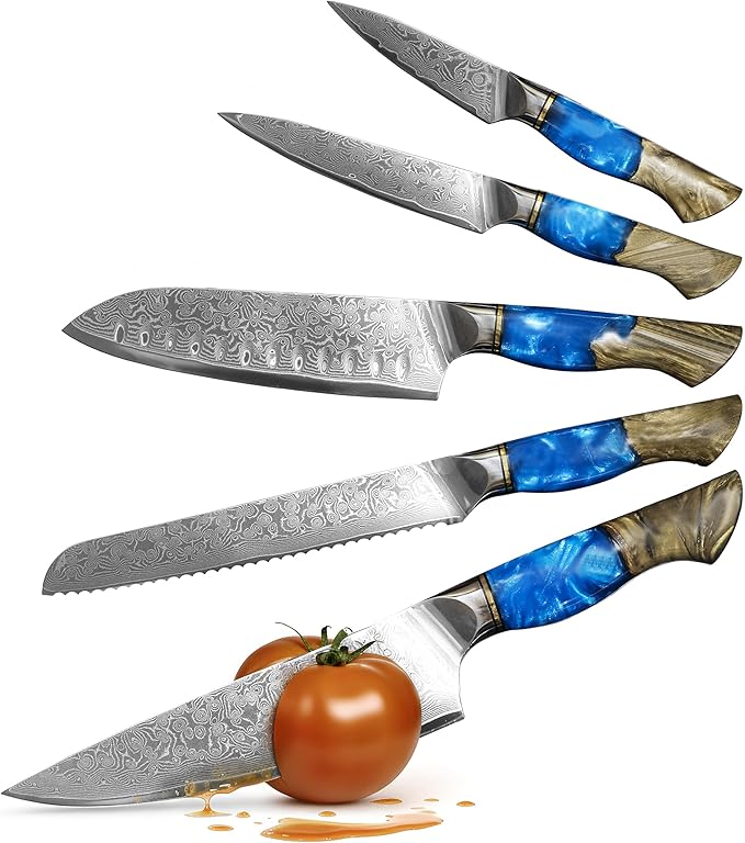 Damascus Kitchen Knife Set, 67-Layer Damascus Steel, 5-Piece Professional Chef's Japanese Knife Set for Kitchen, Ergonomic Wood & Resin Handle in Gift Box, Ideal for Gifting (Blue, 5 pieces)