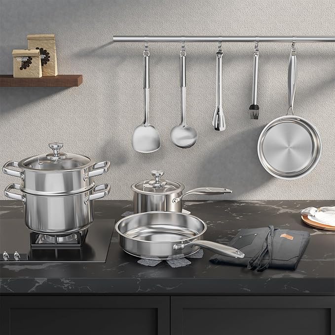 Meythway Pots and Pans Set Non Toxic, 16PCs Stainless Steel Cookware Set with Steamer, Kitchen Induction Cookware with Utensil Sets, Pot Protectors and Apron For Oven & Dishwasher Safe