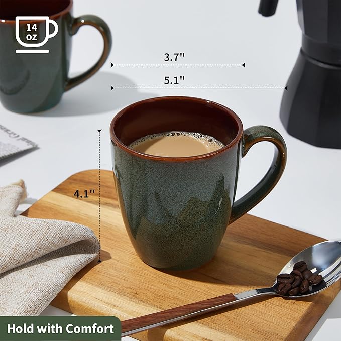 Coffee Mug 14 oz, Ceramic Coffee Mugs Set of 6, Reactive Glaze Mug for Latte/Tea/Cappuccino, Large Stackable Mug Set for Men, Women, Dad, Mom, Dishwasher & Microwave Safe, Brown Green