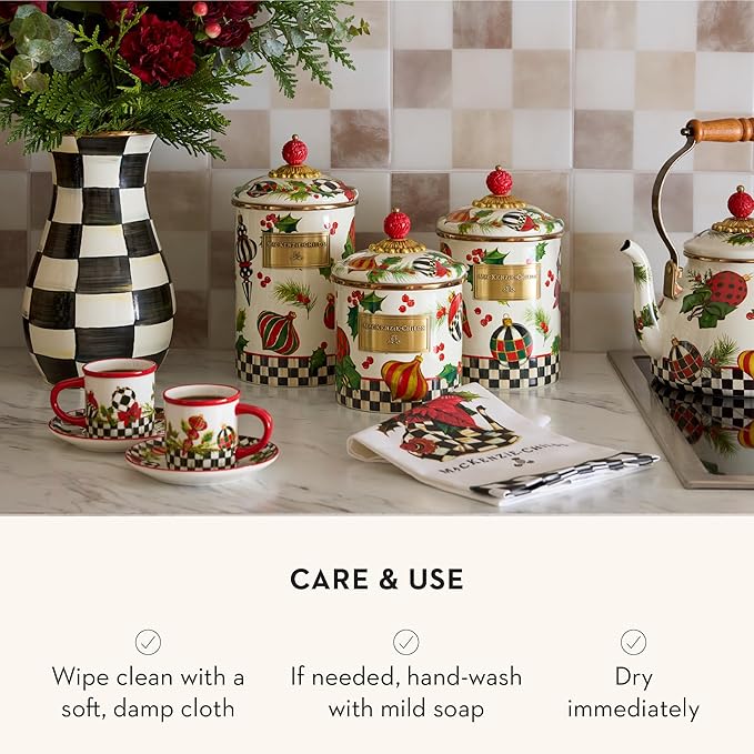 MACKENZIE-CHILDS Enamel Canister, Kitchen Storage Container with Lid, Large, Deck the Halls