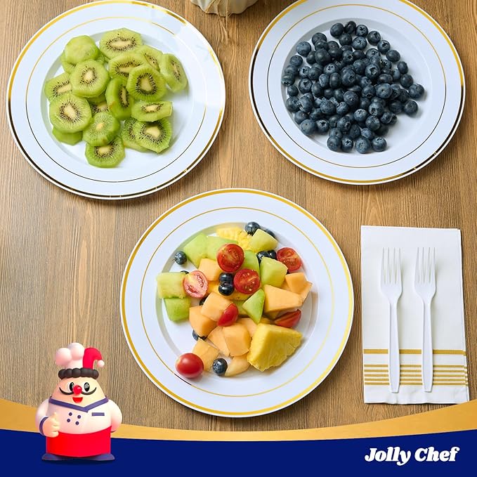 JOLLY CHEF 100 Pieces Gold Plastic Plates, 10 Inch Elegant Disposable Dinner White with Gold Rim, Disposable Plastic Plates for Christmas, Birthdays and Weddings
