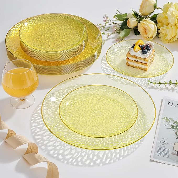 Rubtlamp 100Pcs Yellow Gold Plastic Plates, Yellow Disposable Plates With Gold Rim, Clear Heavy-duty Party Supplies, Hammered Plastic Plates Include 50 Dessert Platos, 50 Dinner Platos for Party