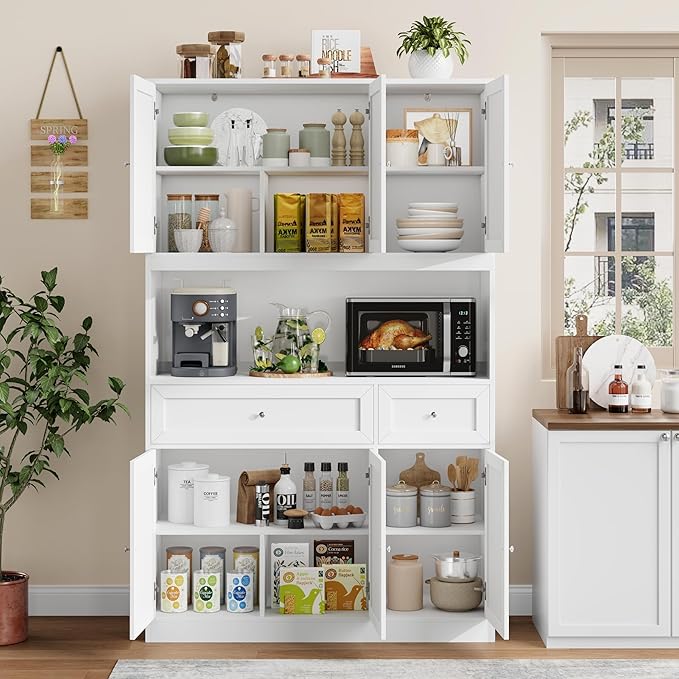 72" Kitchen Pantry Cabinet, Kitchen Hutch with Microwave Stand, Buffet Cabinet with Hutch for Dining Room, White